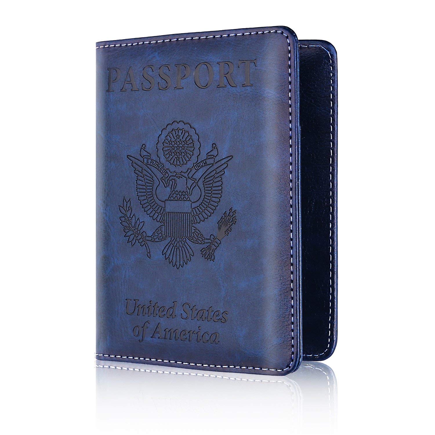 Leather Passport Holder Cover Leather Rfid Blocking Passport Wallet Case for Men Women, Dark Blue